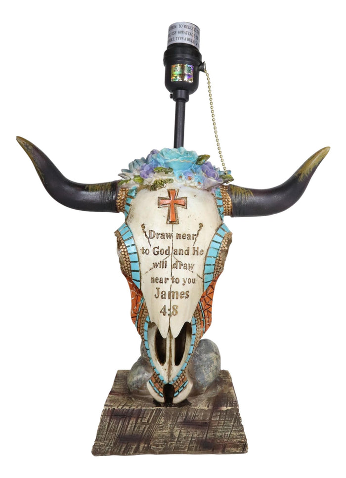 Ebros Gift Western Cowboy Cow Skull With Floral Succulents Bible Verse Table Lamp Decor