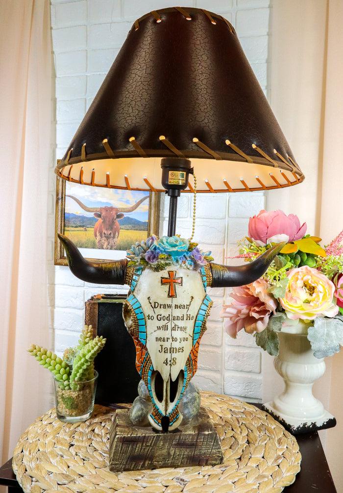 ebros gift Western Cowboy Cow Skull With Floral Succulents Bible Verse Table Lamp Decor