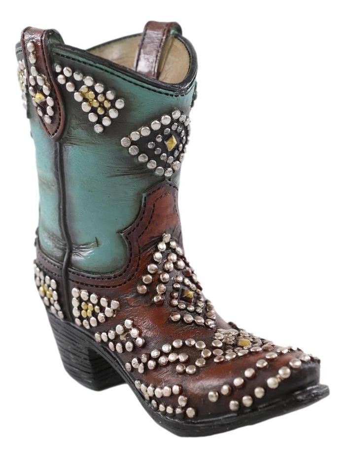 Ebros Gift Western Cowboy Cowgirl Silver Beads Turquoise Boot Make Up Tools Or Pen Holder