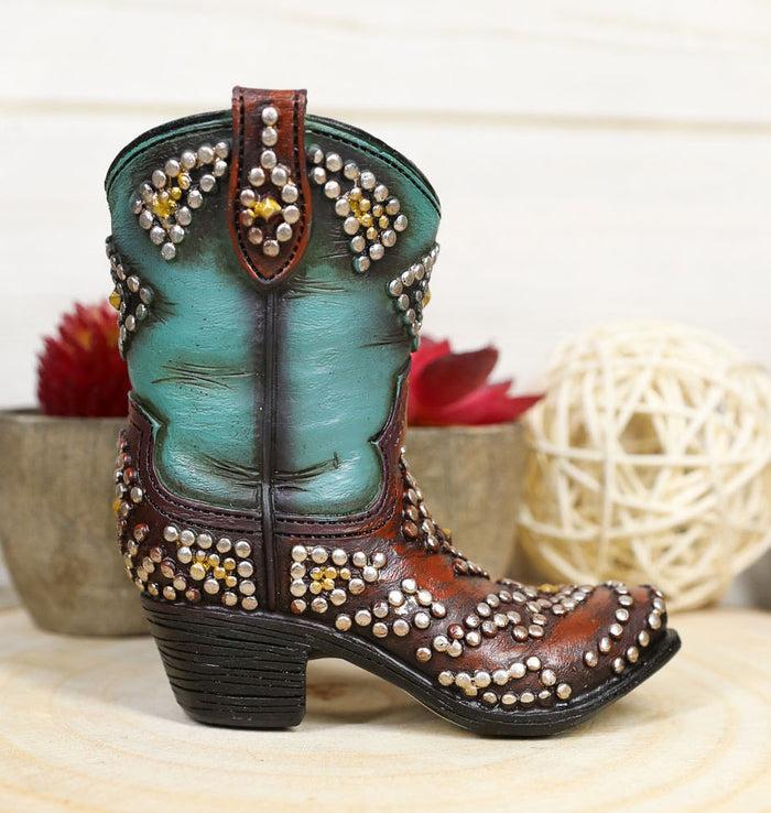 ebros gift Western Cowboy Cowgirl Silver Beads Turquoise Boot Make Up Tools Or Pen Holder