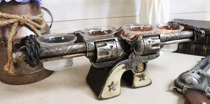 ebros gift Western Cowboy Dual Crossed Sheriff Revolver Pistols 4 Votives Candle Holder