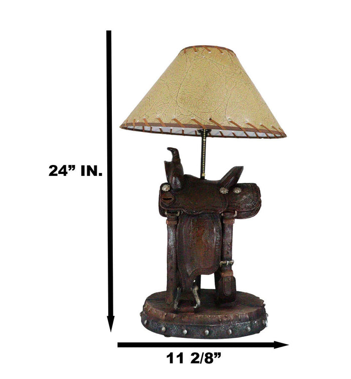 Ebros Gift Western Cowboy Faux Tooled Leather Horse Saddle Conchos Buckles Table Lamp Decor