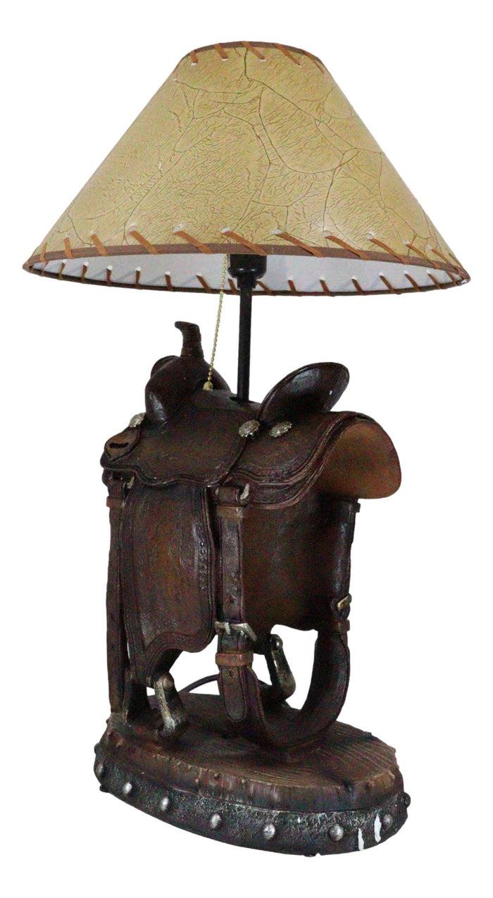 Ebros Gift Western Cowboy Faux Tooled Leather Horse Saddle Conchos Buckles Table Lamp Decor