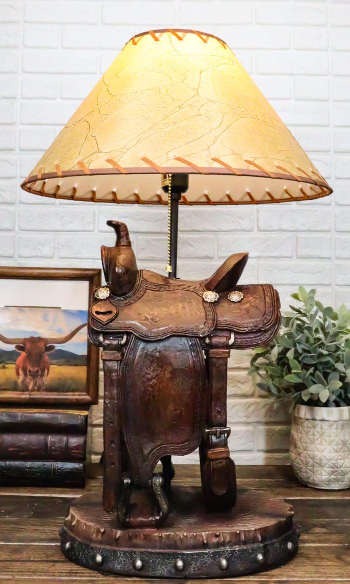 ebros gift Western Cowboy Faux Tooled Leather Horse Saddle Conchos Buckles Table Lamp Decor