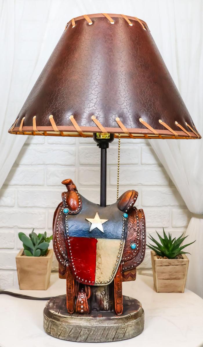 ebros gift Western Cowboy Faux Tooled Leather Texas State Flag Horse Saddle Table Lamp
