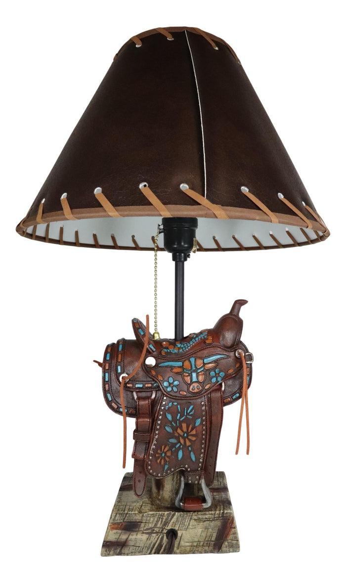 Ebros Gift Western Cowboy Faux Tooled Leather Turquoise Art Horse Saddle Table Lamp Decor