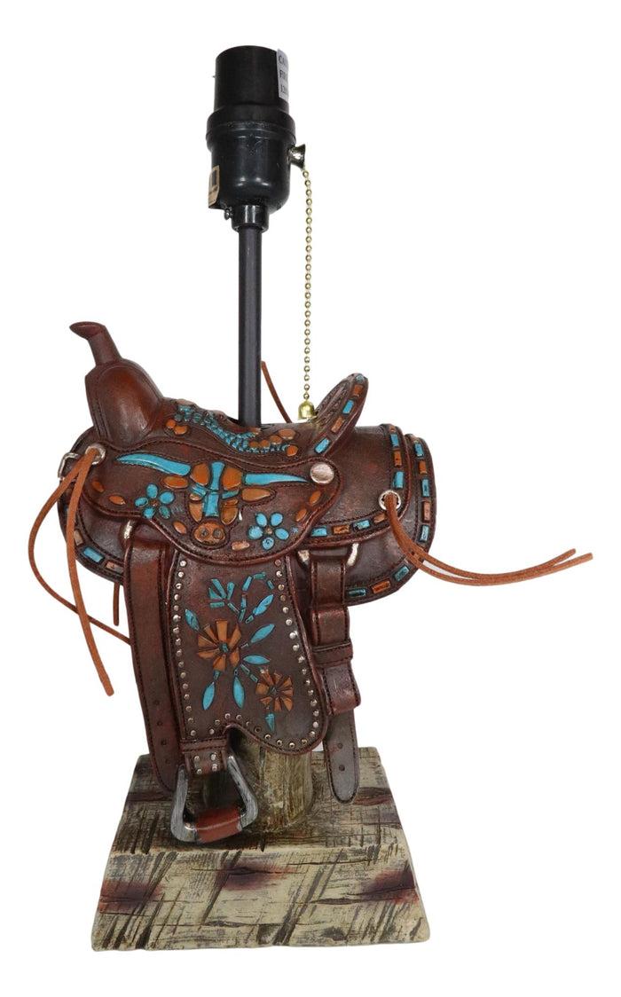 Ebros Gift Western Cowboy Faux Tooled Leather Turquoise Art Horse Saddle Table Lamp Decor