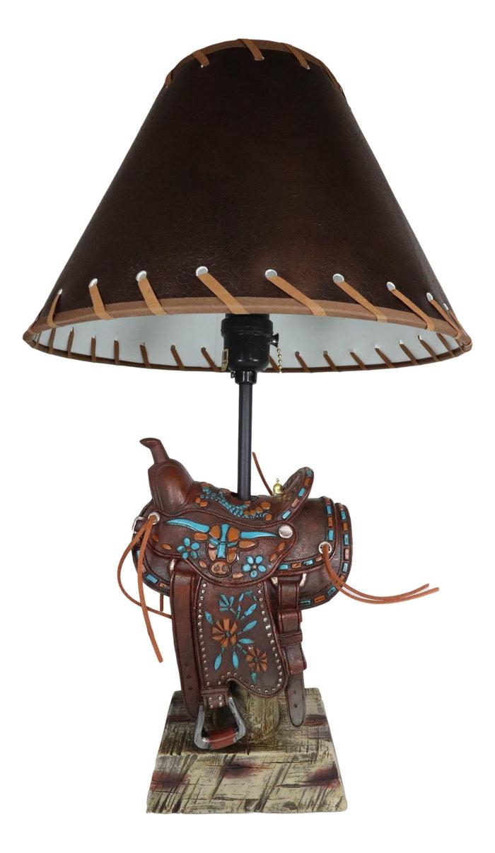 Ebros Gift Western Cowboy Faux Tooled Leather Turquoise Art Horse Saddle Table Lamp Decor