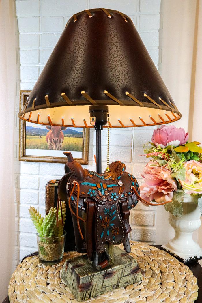 ebros gift Western Cowboy Faux Tooled Leather Turquoise Art Horse Saddle Table Lamp Decor