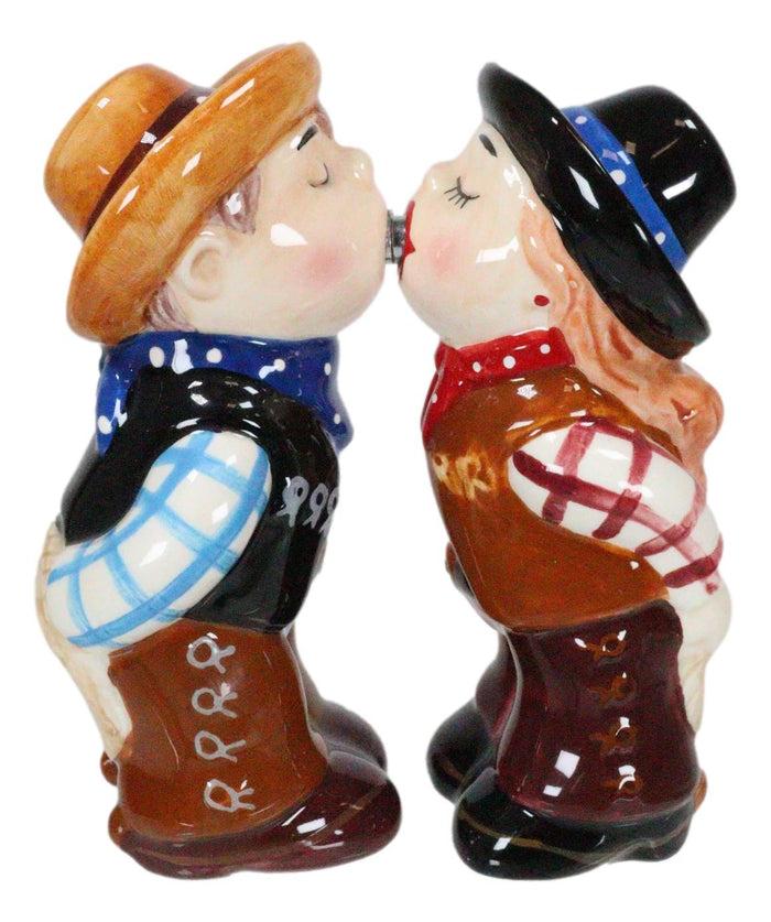 Ebros Gift Western Cowboy Kissing Cowgirl Magnetic Ceramic Salt And Pepper Shakers Set