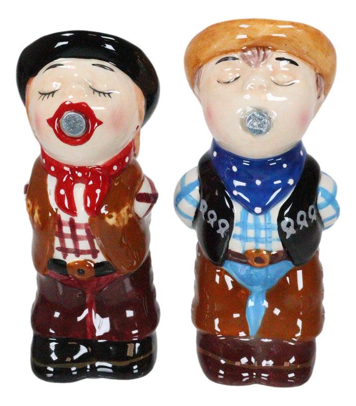 Ebros Gift Western Cowboy Kissing Cowgirl Magnetic Ceramic Salt And Pepper Shakers Set