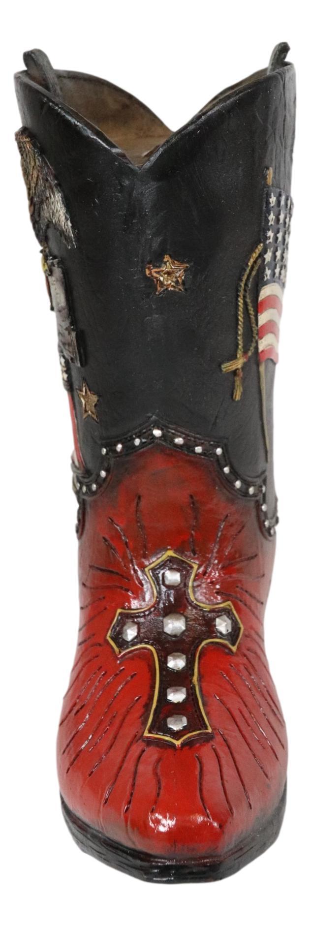 Ebros Gift Western Cowboy Patriotic US Flag Liberty Bell Eagle Cowboy Boot Pen Holder Vase
