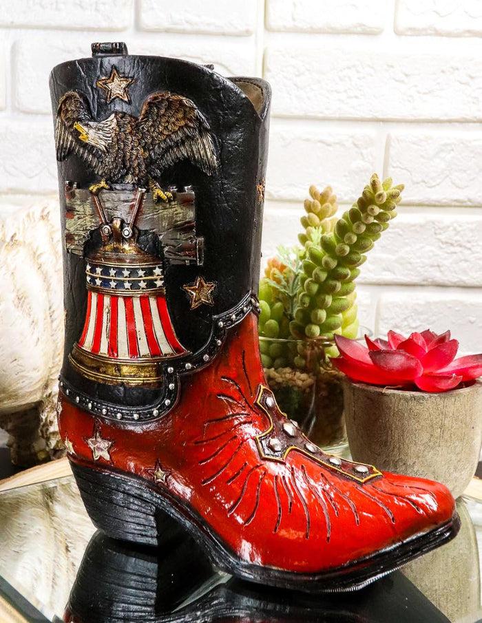 ebros gift Western Cowboy Patriotic US Flag Liberty Bell Eagle Cowboy Boot Pen Holder Vase