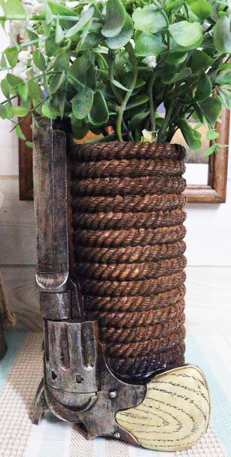ebros gift Western Cowboy Pistol Revolver Gun With Braided Ropes Barrel Floral Vase Decor