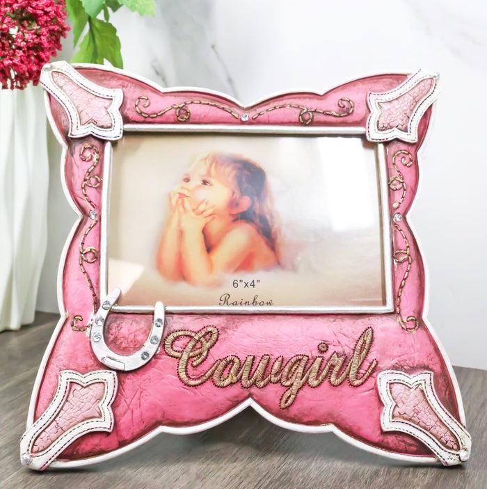 ebros gift Western Cowgirl Pink Faux Leather Horseshoe Picture Frame Wall Or Easel 4"X6"