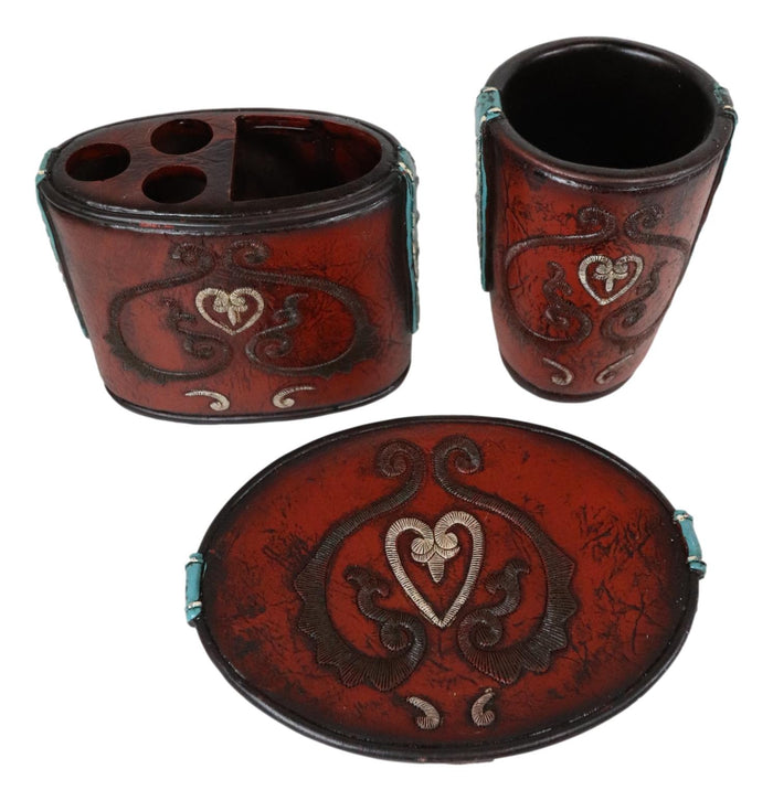 Ebros Gift Western Cowgirl Red Love Heart Scrollwork Cup Soap Dish Toothbrush Holder Set