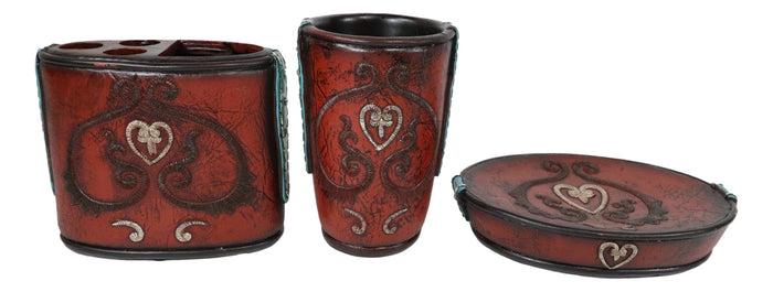 Ebros Gift Western Cowgirl Red Love Heart Scrollwork Cup Soap Dish Toothbrush Holder Set