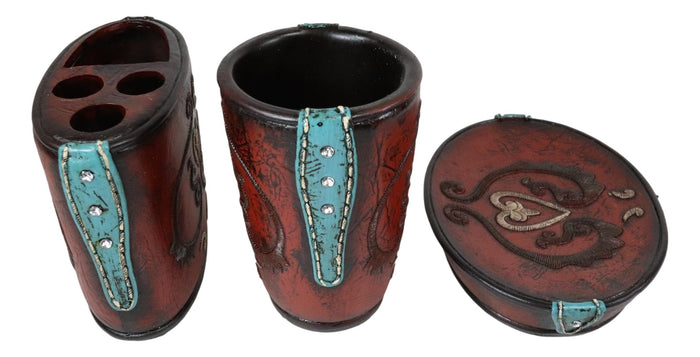 Ebros Gift Western Cowgirl Red Love Heart Scrollwork Cup Soap Dish Toothbrush Holder Set