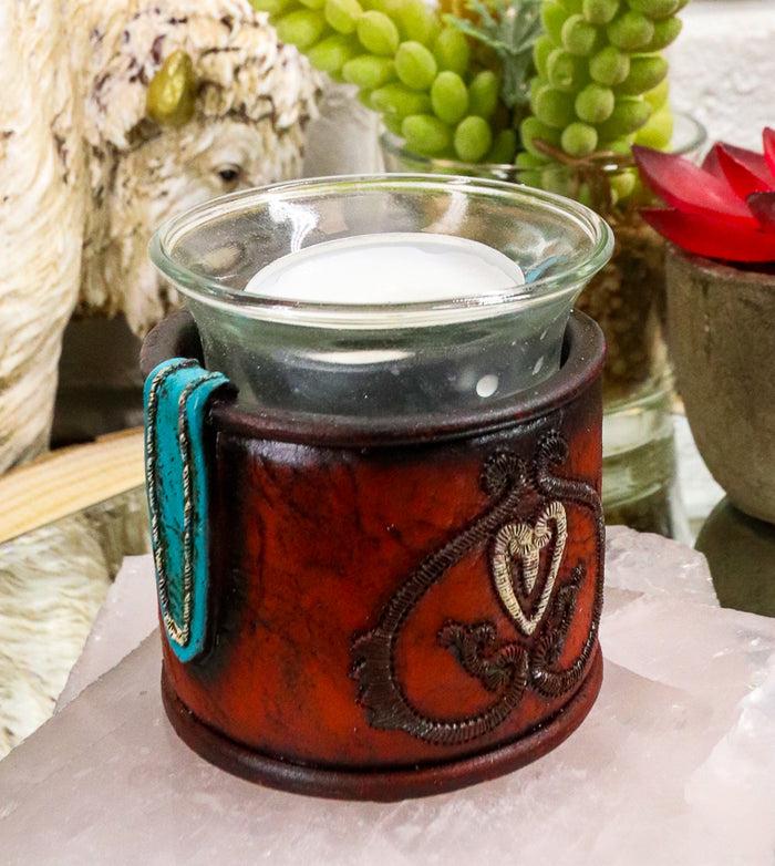 Ebros Gift Western Cowgirl Red Love Heart Scrollwork Lace Faux Leather Votive Candle Holder