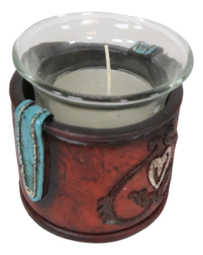 Ebros Gift Western Cowgirl Red Love Heart Scrollwork Lace Faux Leather Votive Candle Holder