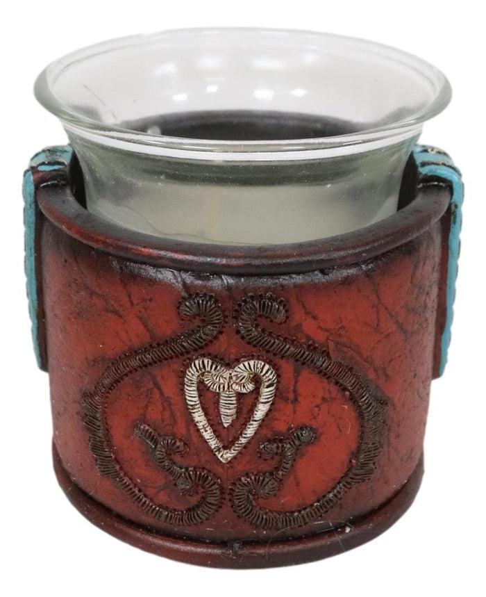 Ebros Gift Western Cowgirl Red Love Heart Scrollwork Lace Faux Leather Votive Candle Holder