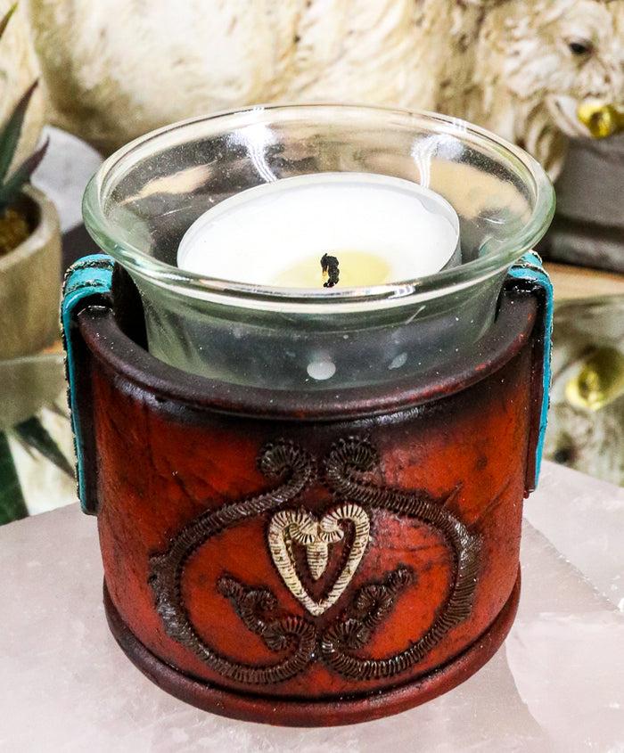 ebros gift Western Cowgirl Red Love Heart Scrollwork Lace Faux Leather Votive Candle Holder