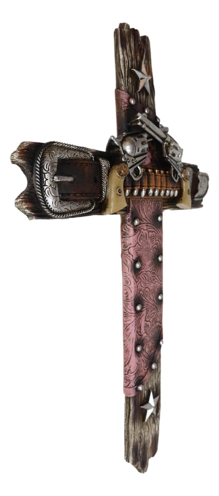 Ebros Gift Western Cowgirl Revolver Guns Ammo Belt Buckle And Pink Holster Wall Cross 16"H