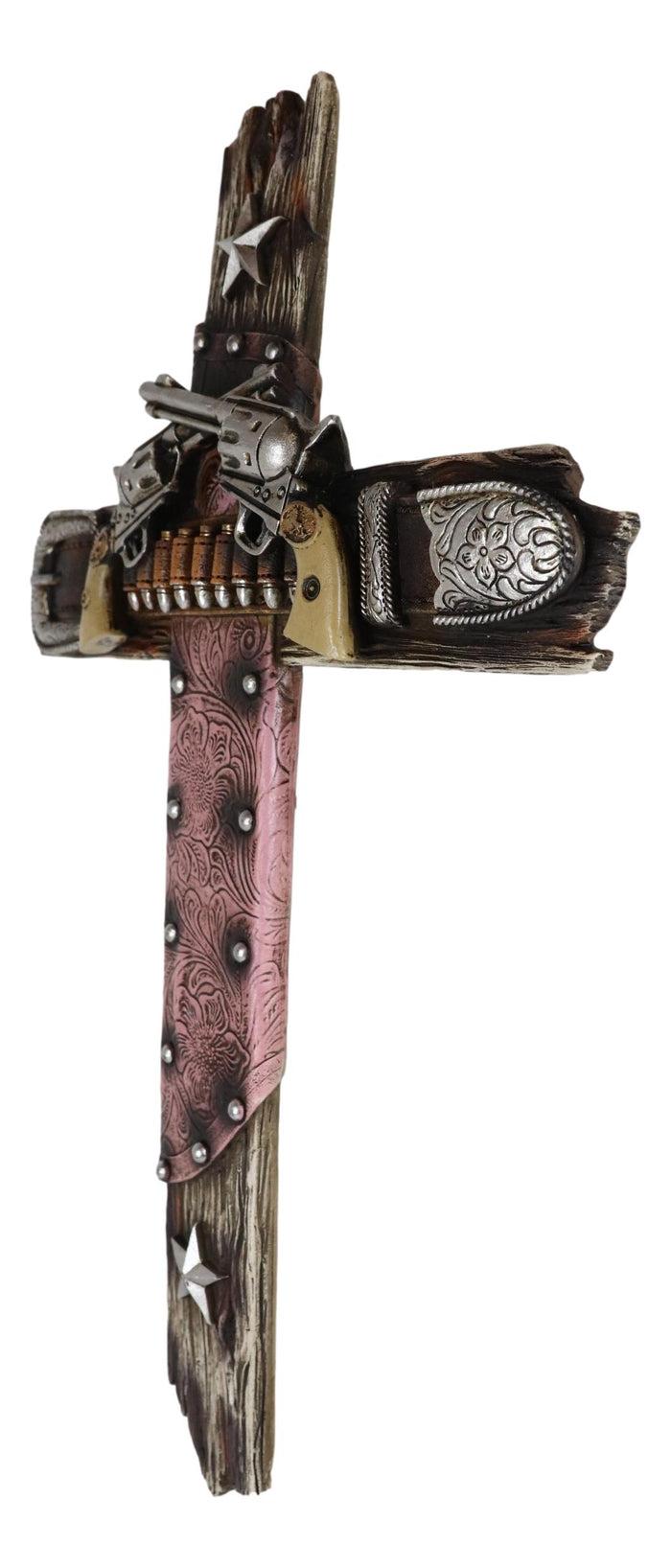 Ebros Gift Western Cowgirl Revolver Guns Ammo Belt Buckle And Pink Holster Wall Cross 16"H