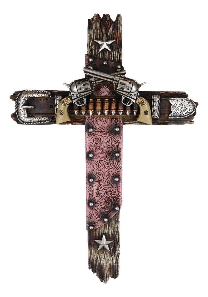 Ebros Gift Western Cowgirl Revolver Guns Ammo Belt Buckle And Pink Holster Wall Cross 16"H