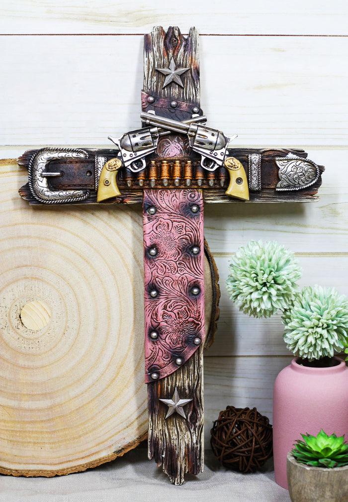 ebros gift Western Cowgirl Revolver Guns Ammo Belt Buckle And Pink Holster Wall Cross 16"H
