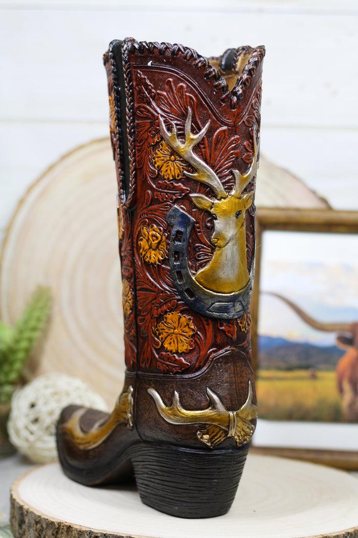Ebros Gift Western Deer Antlers Horseshoe Floral Scroll Art Cowboy Cowgirl Boot Vase Figurine