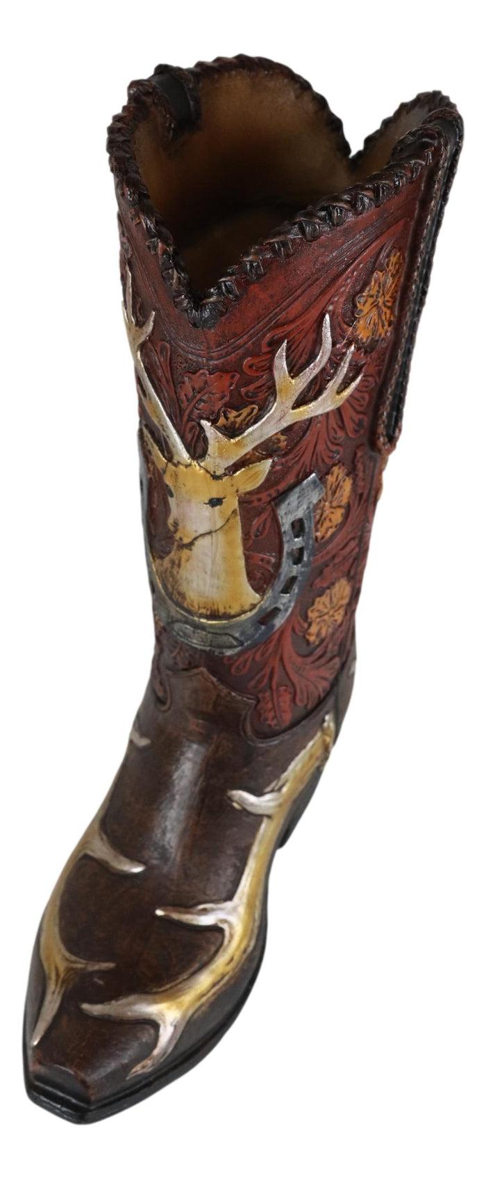 Ebros Gift Western Deer Antlers Horseshoe Floral Scroll Art Cowboy Cowgirl Boot Vase Figurine