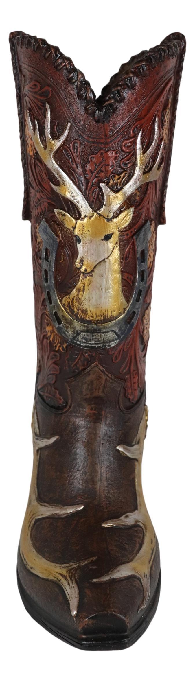 Ebros Gift Western Deer Antlers Horseshoe Floral Scroll Art Cowboy Cowgirl Boot Vase Figurine