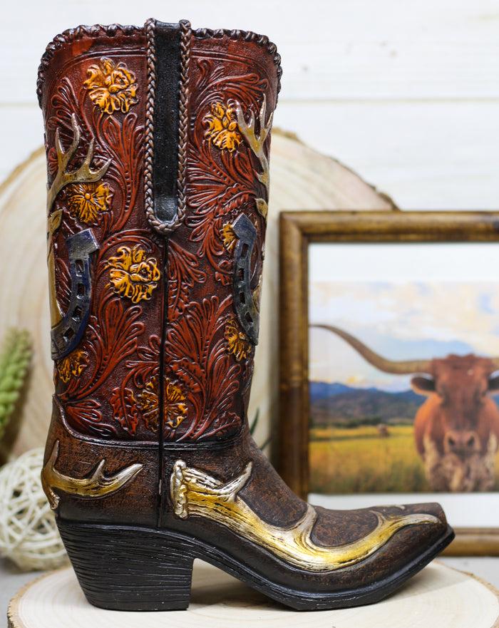 ebros gift Western Deer Antlers Horseshoe Floral Scroll Art Cowboy Cowgirl Boot Vase Figurine