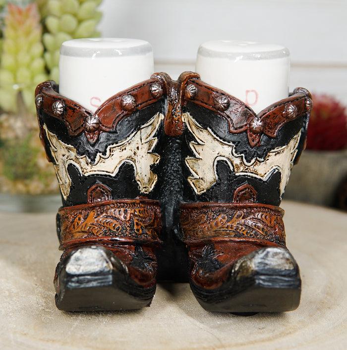 ebros gift Western Fancy Pair of Cowboy Boots With Spur Salt And Pepper Shakers Holder Set