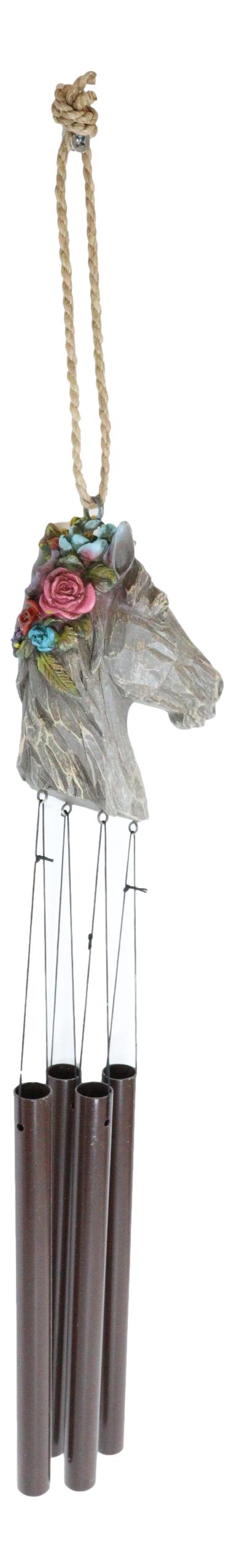 Ebros Gift Western Faux Stone Horse Bust With Colorful Flowers Wind Chime Garden Patio