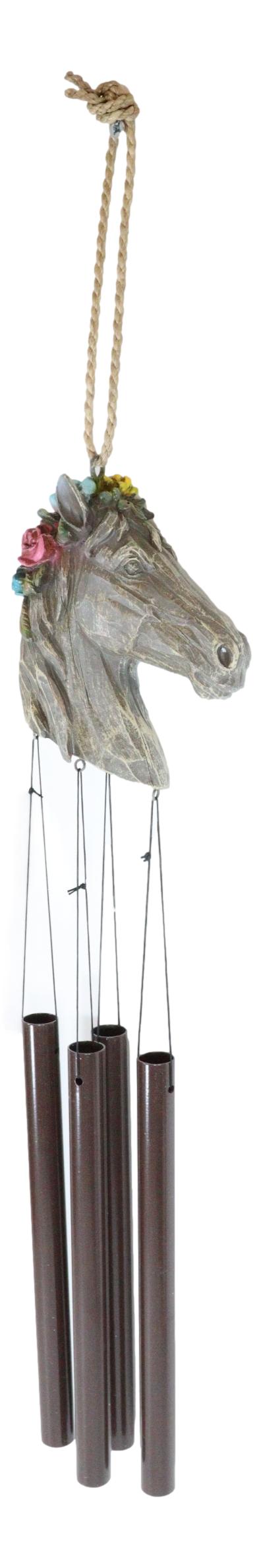 Ebros Gift Western Faux Stone Horse Bust With Colorful Flowers Wind Chime Garden Patio