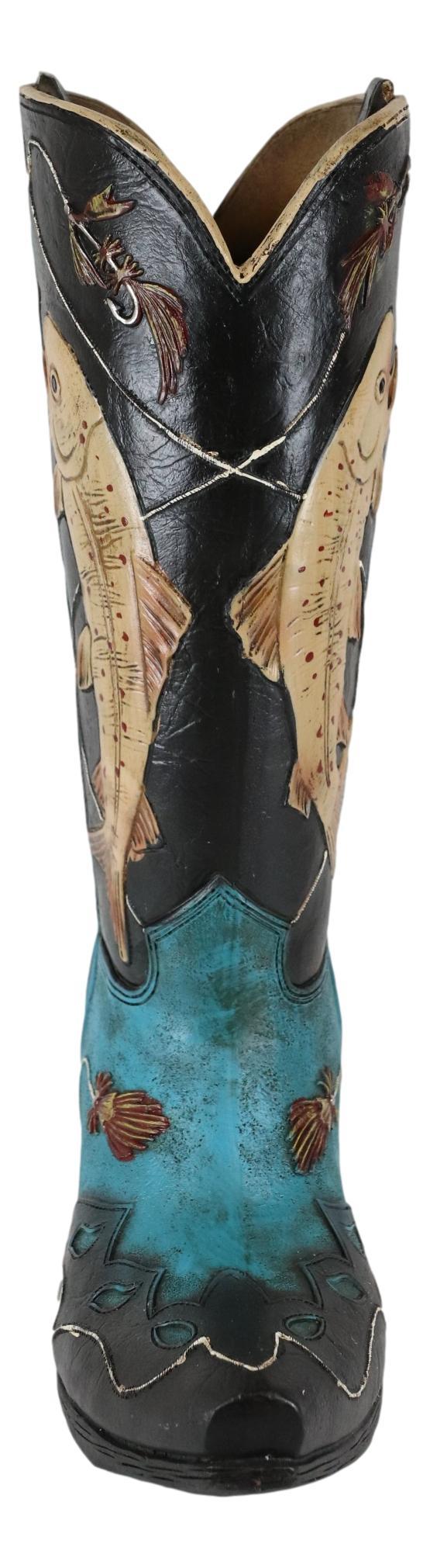 Ebros Gift Western Fishing Angler Bass Fishes Cowboy Cowgirl Boot Vase Planter Figurine