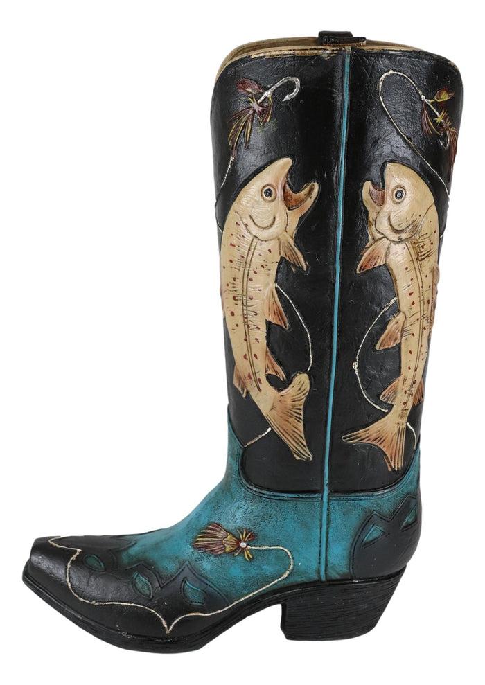 Ebros Gift Western Fishing Angler Bass Fishes Cowboy Cowgirl Boot Vase Planter Figurine