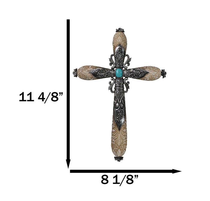 Ebros Gift Western Fleur De Lis Floral Tooled Silver Scroll Filigree Turquoise Wall Cross