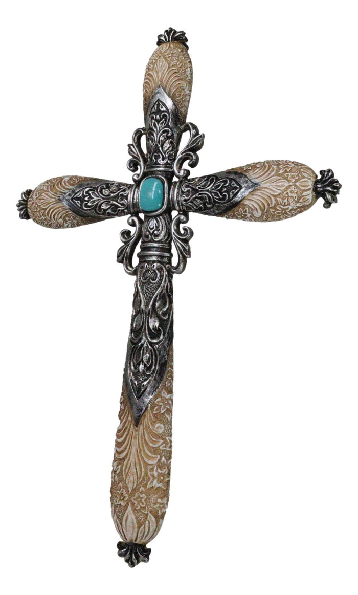 Ebros Gift Western Fleur De Lis Floral Tooled Silver Scroll Filigree Turquoise Wall Cross