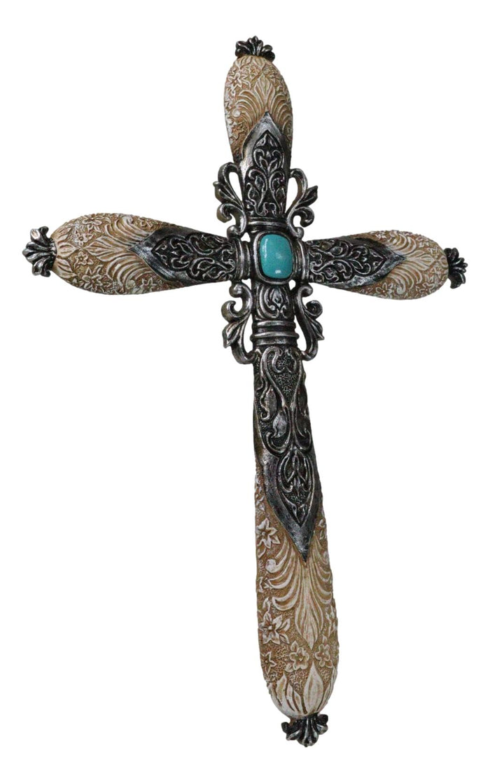 Ebros Gift Western Fleur De Lis Floral Tooled Silver Scroll Filigree Turquoise Wall Cross