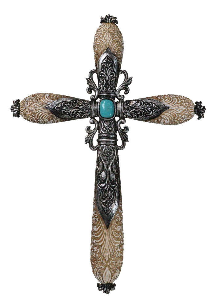 ebros gift Western Fleur De Lis Floral Tooled Silver Scroll Filigree Turquoise Wall Cross