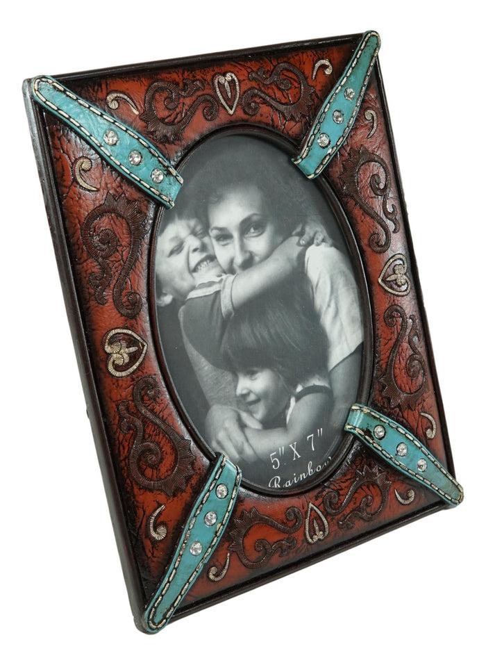 Ebros Gift Western Floral Lace Turquoise Belt Faux Tooled Leather Easel Picture Frame 5"X7"