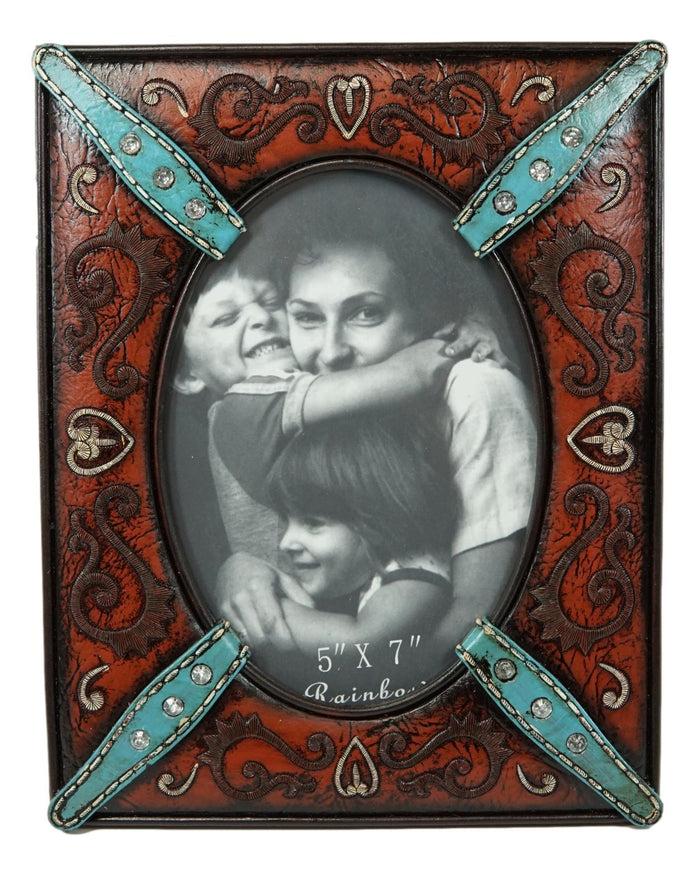 Ebros Gift Western Floral Lace Turquoise Belt Faux Tooled Leather Easel Picture Frame 5"X7"
