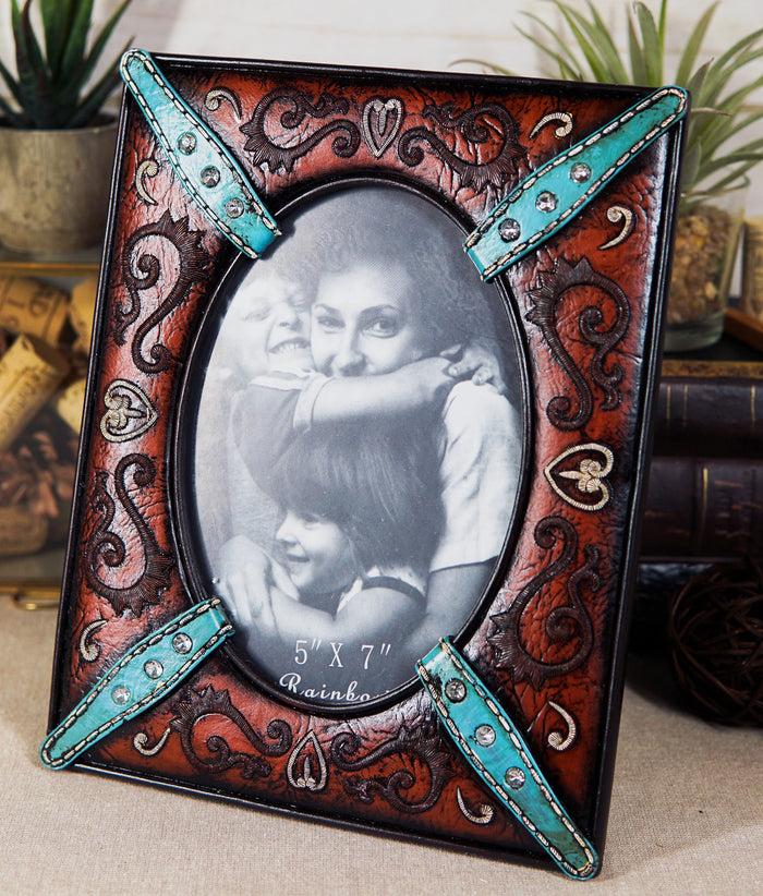 ebros gift Western Floral Lace Turquoise Belt Faux Tooled Leather Easel Picture Frame 5"X7"