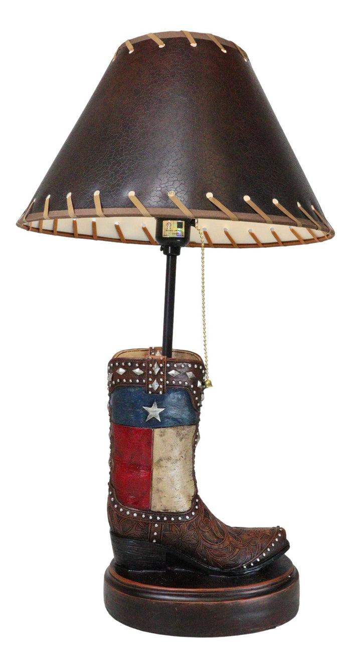 Ebros Gift Western Floral Tooled Leather Texas State Flag Cowboy Boot Desktop Table Lamp