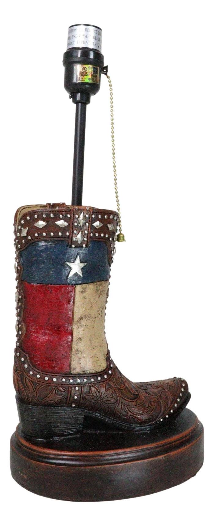 Ebros Gift Western Floral Tooled Leather Texas State Flag Cowboy Boot Desktop Table Lamp