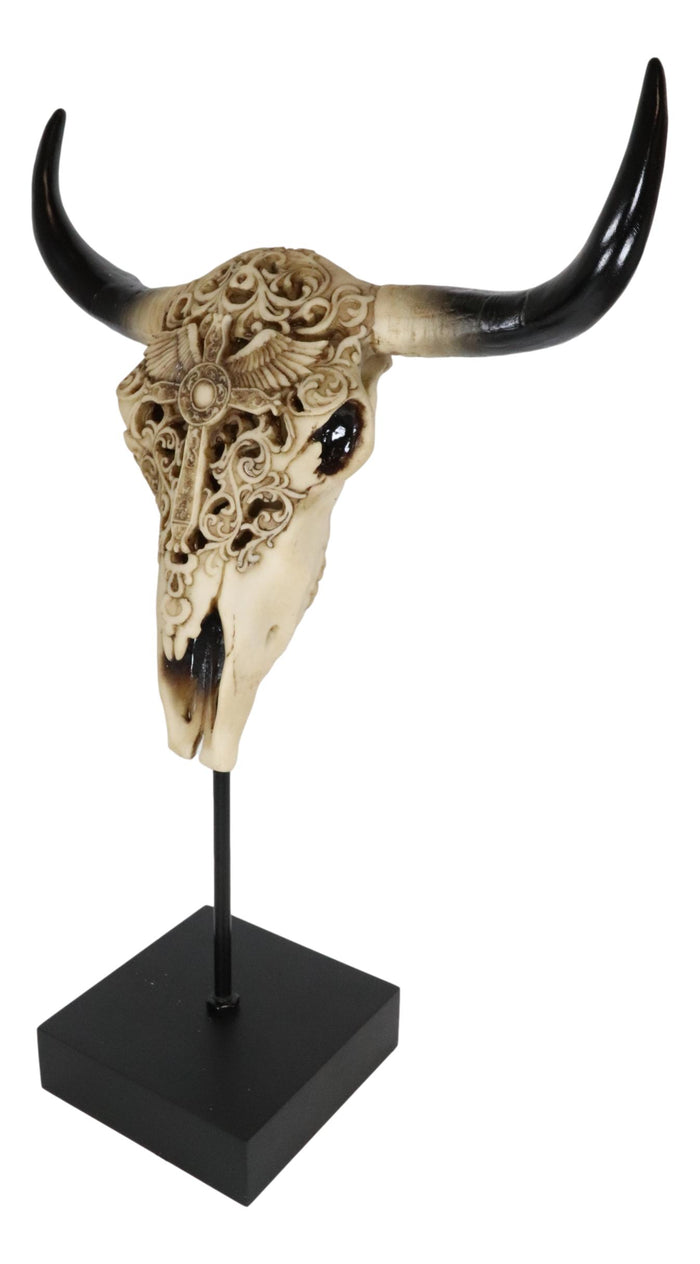 Ebros Gift Western Floral Tribal Scroll Bull Cow Skull Winged Cross Desktop Plaque On Stand