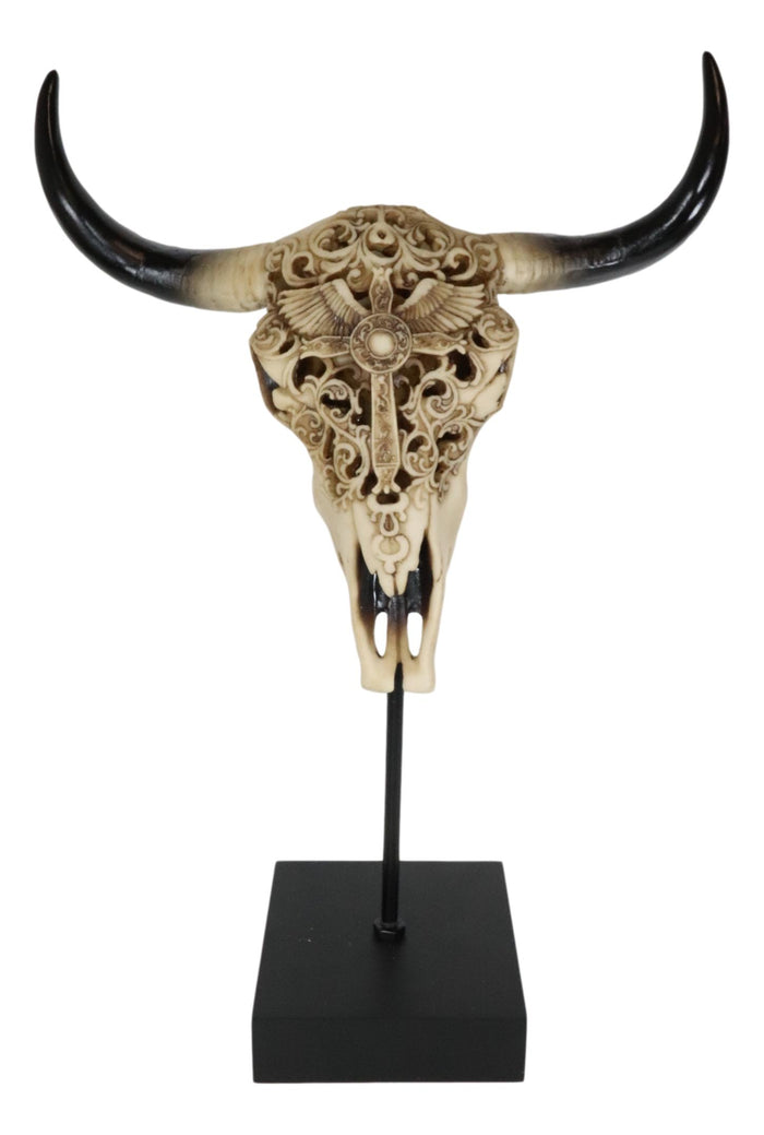 Ebros Gift Western Floral Tribal Scroll Bull Cow Skull Winged Cross Desktop Plaque On Stand